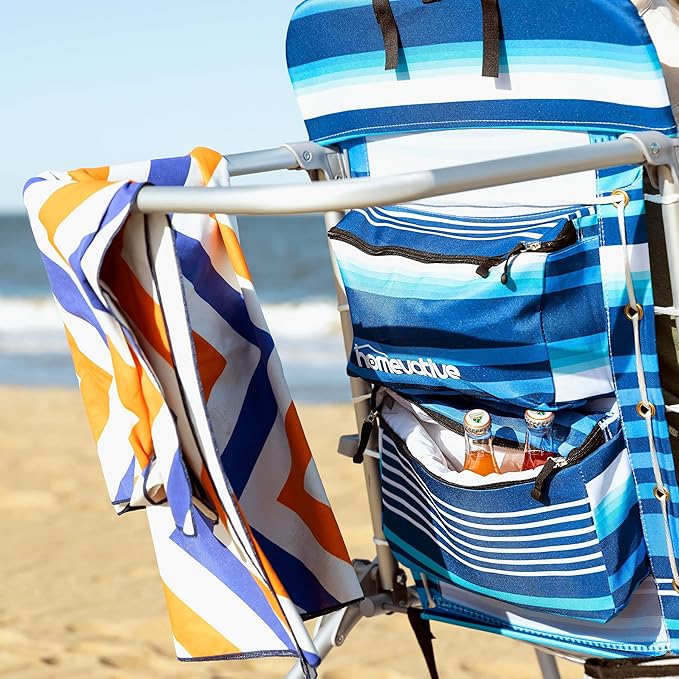 Homevative Backpack Fold-Up Beach Chair, 5 Positions, Towel bar, Cooler, Storage Pouch, Cup Holder and Phone Pocket
