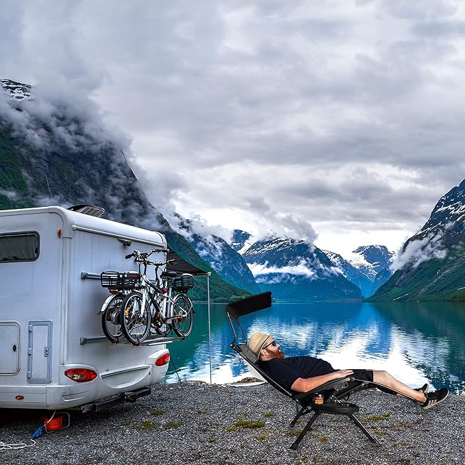 XXL Oversize Recliner Folding Chair – Heavy Duty Zero Gravity Lounge Chair with Sunshade, Cup Holder Tray & Padded Seat – Extra Wide Reclining Patio Chair for Camping & Outdoors