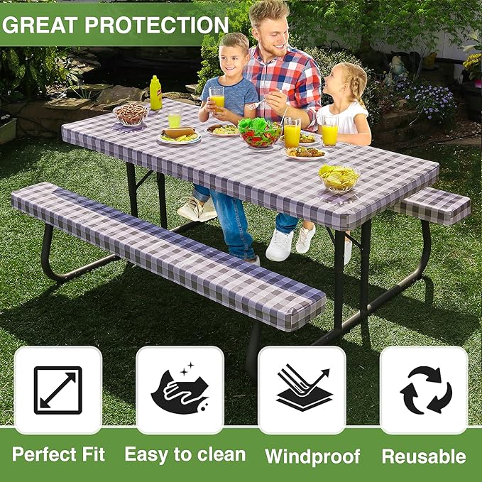 Hudson Comfort Picnic Table Cover with Bench Covers – 500 GSM Reusable Heavy Duty Vinyl Outdoor Table Cover - Waterproof Picnic Tablecloth with Carry Case (Gray, 72 Inch (6 Feet))