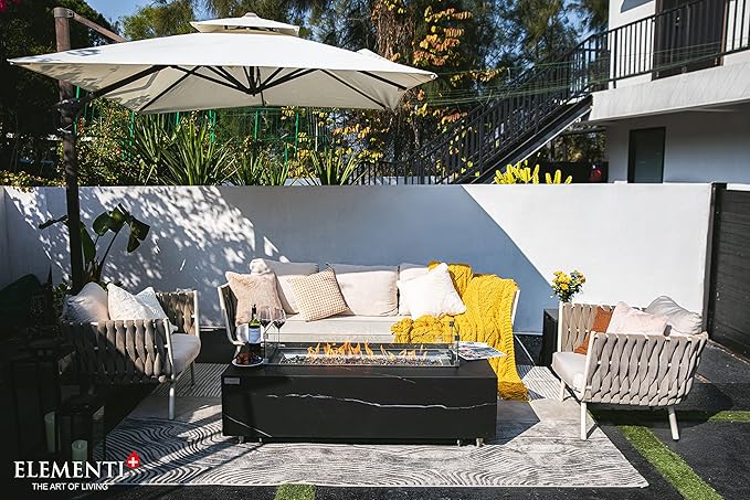 Elementi+ | Bundle Varna Gas Fire Pit | Marble Porcelain & Metal Frame | 60" Rectangular Fire Table | Electronic Ignition | Canvas Cover, Fire Glass & Burner Lid Included | Black | Natural Gas