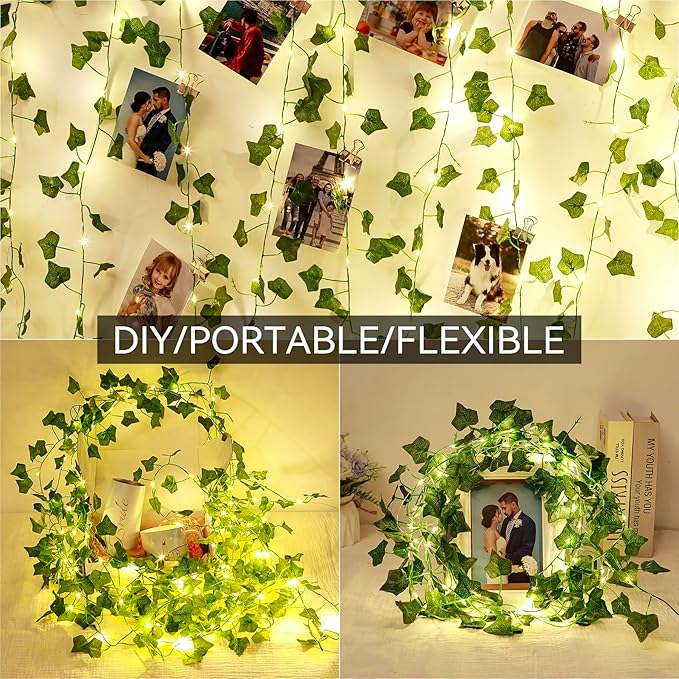 Vine with Fairy Lights for Room Decor, 33ft 100 LED Fake Ivy String Light Battery Operated Ivy Curtain Lights for Dorm, Wedding, Party, Garden, Wall, Patio,Table Decor, Indoor, Outdoor(Warm White)