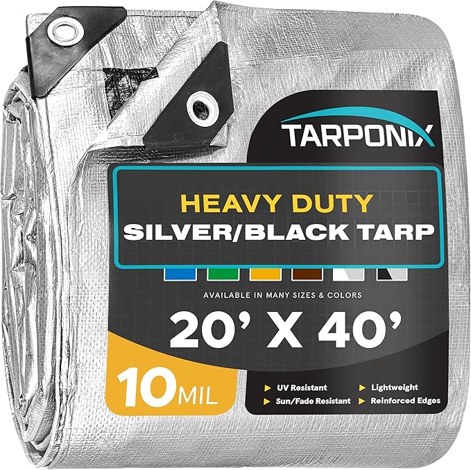 20' x 40' Dual-Sided Heavy-Duty Tarp – 10 Mil Tear-Resistant Silver & Black Cover with Reinforced Edges and Anti-Rust Grommets
