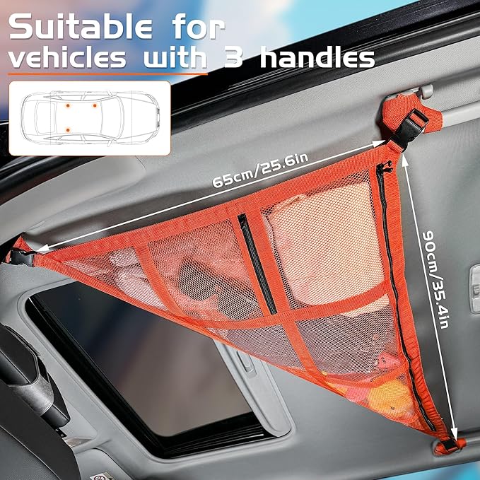 Kaskawise 3 Handles Car Ceiling Cargo Net for Inside Car Roof,Interior Mesh Storage,Truck SUV Travel Long Road Trip Camping Interior Accessories 35.4"x25.6",Orange