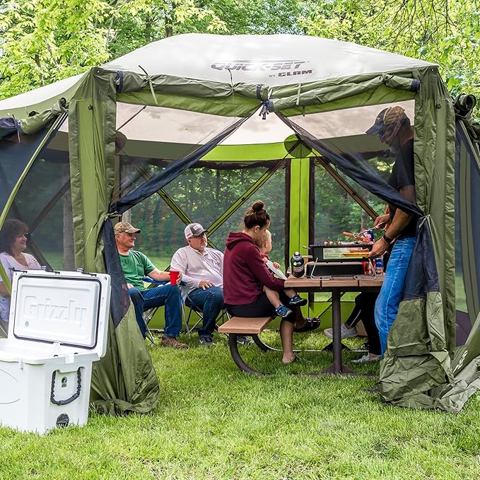 CLAM Pop Up Screen Tent, Outdoor Camping Gazebo Canopy, Pavilion, 12.5', Green/Tan - Heavy-Duty Portable Screened Shelter with Netting for Beach, Patio, and Backyard