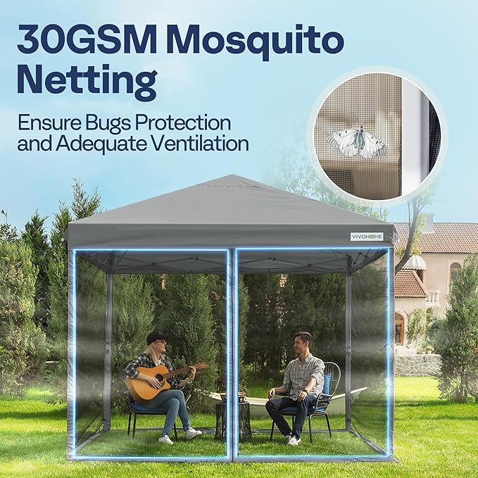 VIVOHOME 8x8ft Easy Pop-Up Canopy, Outdoor Screen Tent with Mosquito Netting, 2 Zipper Doors, and Roller Bag for Yard Camping Picnic Party Events, Grey