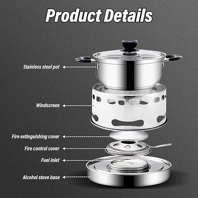 Camping Stove With Pot 18cm Stainless Steel Alcohol Stove Portable Camp Oven Cookware Set for Indoor Outdoor Camping Hiking Backpacking Picnic, No Electricity Required Adjustable Fire (1-3 people)