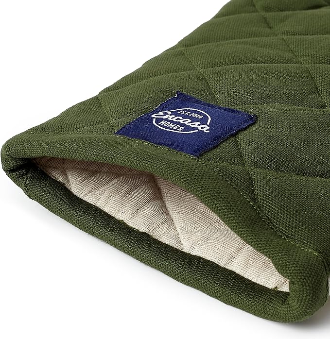 Encasa Heat Resistant Cotton Oven Gloves Mitts (2 Pc Set) - Quilted & Safe 12x7 in - for Kitchen, Cooking & Baking, Grilling, Handling Hot Pots & Pans - Leaf Green