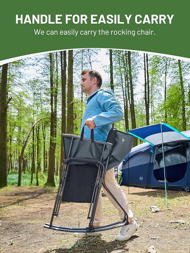 TIMBER RIDGE Folding Rocking Camping Chair, 400lbs Capacity Portable Oversized Outdoor Rocker with Hard Armrests, Cup Holder & Side Pocket, Quick-Fold Design for Outdoor, Patio, Lawn, Gray