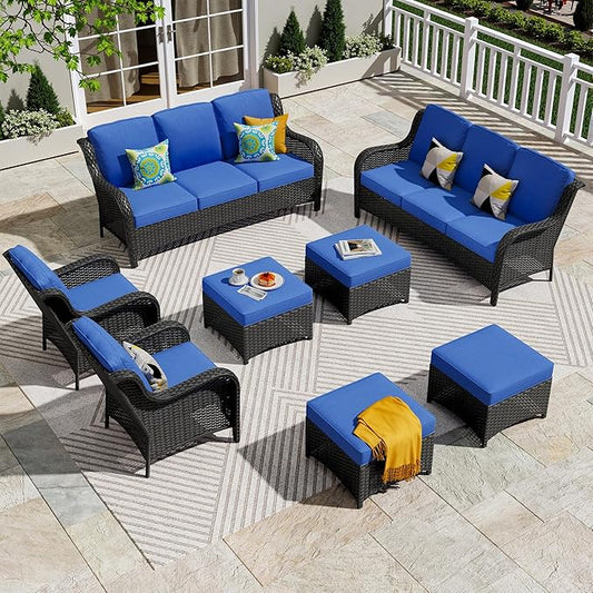 ovios 8 Pieces Patio Furniture Set, Outdoor Wicker Sofas with 2 Chairs, 4 Ottomans and Comfy Cushions, All Weather High Back Couch Set for Deck Porch, Brown Rattan, Navy Blue