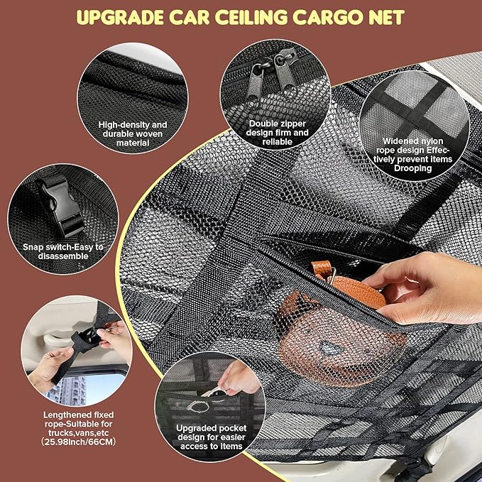 Kaskawise SUV Car Ceiling Cargo Net Pocket,35.4"x23.6" Double-Layer Mesh Car Roof Storage Organizer for Ford,F150,Jeep,Honda CRV,RAV4,Van Organizers and Storage,Camping Accessories