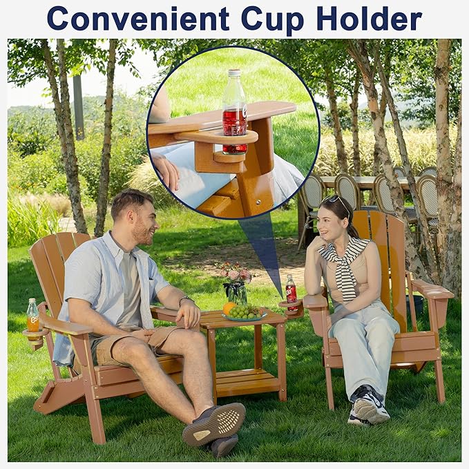 Folding Adirondack Chair, SGS Tested, Wooden Textured with Cup Holder, Heavy All-Weather HDPE Comfortable Set Poolside Backyard Lawn Teak Set 4