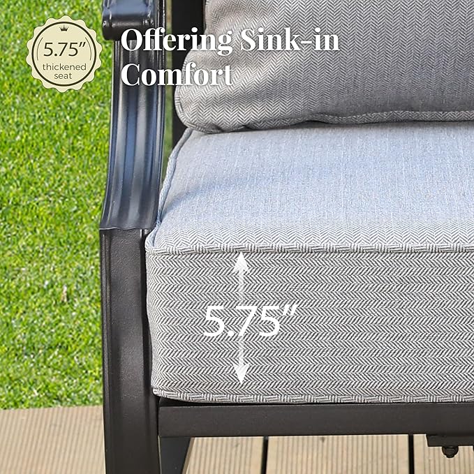 Patio Furniture Set with Fire Pit Table, 5 Pcs Metal Outdoor Conversation Set, 4 Rocking Chairs with 5.75" Extra Thick Cushion and 28" Fire Pit Table for Backyard Deck, Grey