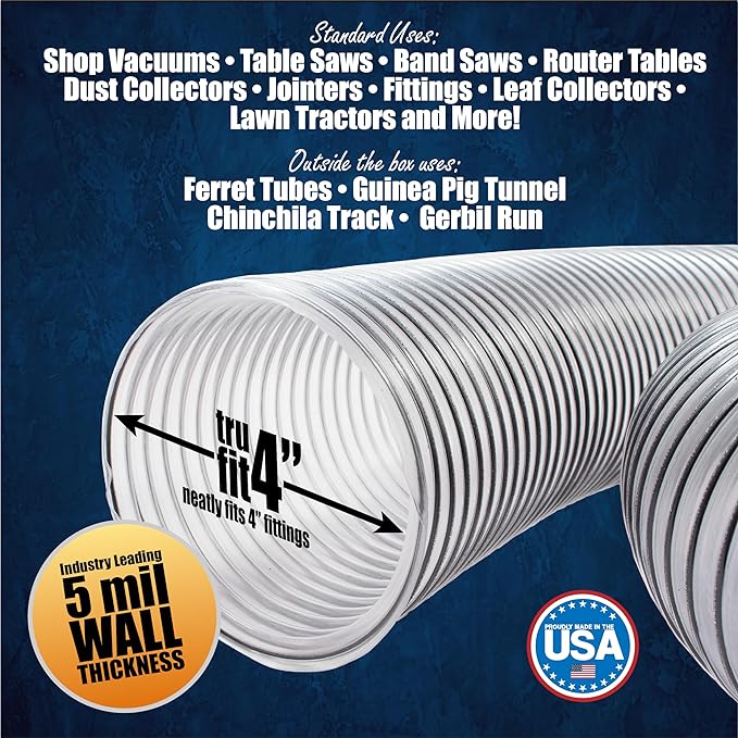 PVC Dust Collection Hose w/4 Thumbscrew Clamps, Puncture Resistant, Carbon Steel Wire, Clear Flexible PVC Dust Collector Hose, Proudly Made in USA (4" x 50')