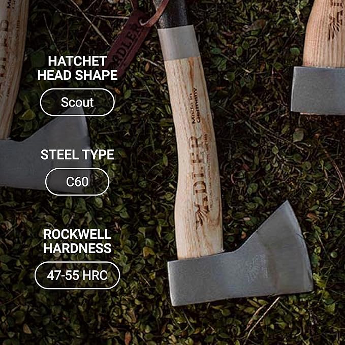 The Scout Hatchet - Compact German Made Camping & Backpacking Hatchet, 11.8" Ash Handle with Anti-Slip Grip, 0.88 lb Lightweight Design, Premium Leather Sheath (Red Stripe)