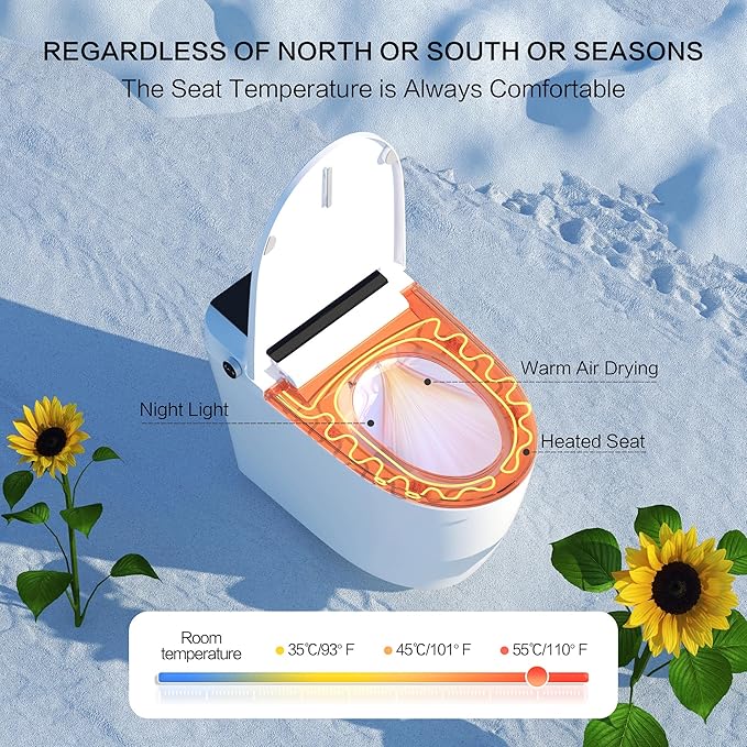 Smart Toilet with Built-In Bidet, Heated Seat, Dual Auto Flush, Warm Water & Dry Function, Tankless Design, Foot Sensor, Modern Elongated Electric, LED Display and Night Light, Wireless Remote Control