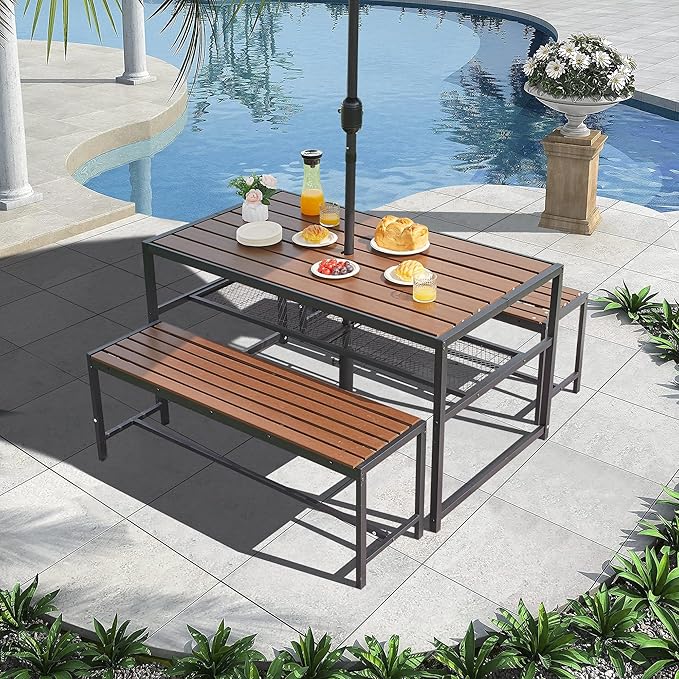 55'' Outdoor Picnic Table and Bench Set with 2" Umbrella Hole and Storage Shelf, Patio Dining Set for 6 People, Outdoor Dining Table and Chair for Garden Yard Porch- Brown