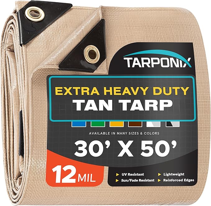 30' x 50' Extra Heavy-Duty Tan Poly Tarp – 12 Mil Thick, Waterproof, UV-Resistant Polyethylene with Reinforced Edges, Double-Stitched Hems, and Rustproof Grommets