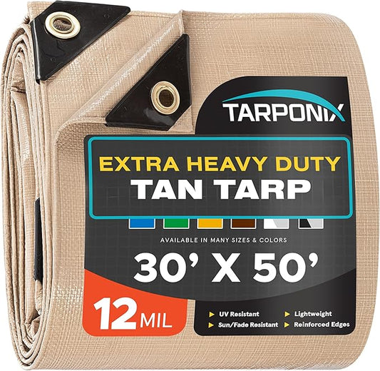 30' x 50' Extra Heavy-Duty Tan Poly Tarp – 12 Mil Thick, Waterproof, UV-Resistant Polyethylene with Reinforced Edges, Double-Stitched Hems, and Rustproof Grommets