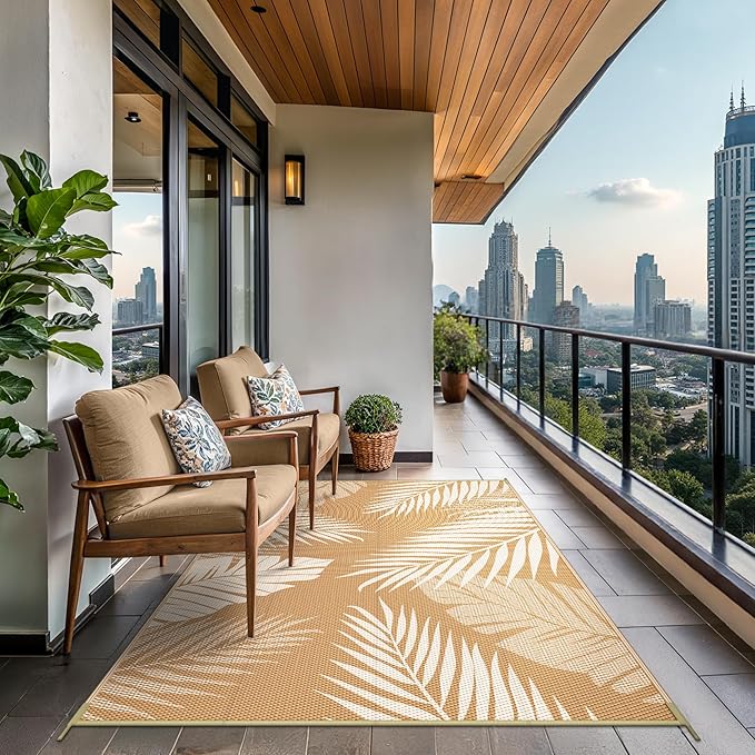 GENIMO Outdoor Rug 6' x 9' Waterproof for Patios Clearance, Reversible Outdoor Plastic Straw Camping Rug Carpet, Large Area Rugs Mats for RV, Camper, Deck, Balcony, Porch, Beach, Picnic, Brown&Beige