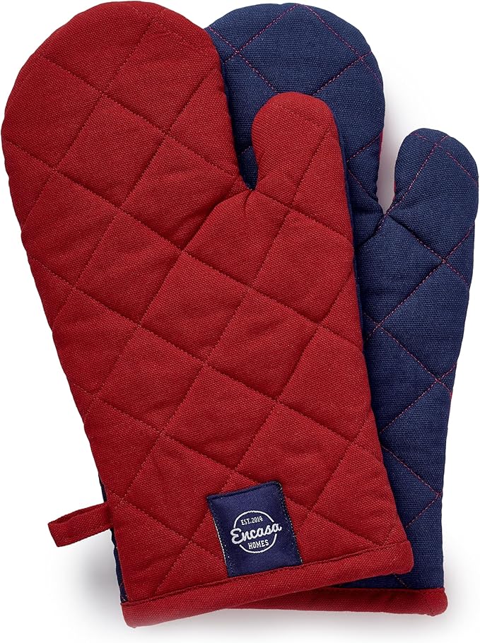 Encasa XO Heat Resistant Cotton Oven Gloves Mitts (2 Pc Set) - Quilted & Safe 12x7 in - for Kitchen, Cooking & Baking, Grilling, Handling Hot Pots & Pans - Red