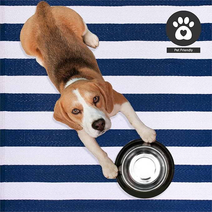 FH Home Outdoor Rug - Waterproof, Fade Resistant, Reversible - Premium Recycled Plastic - Striped - Large Patio, Deck, Sunroom, Camping, RV - Brittany Stripe - Blue & White Crease Free - 6 x 9 ft