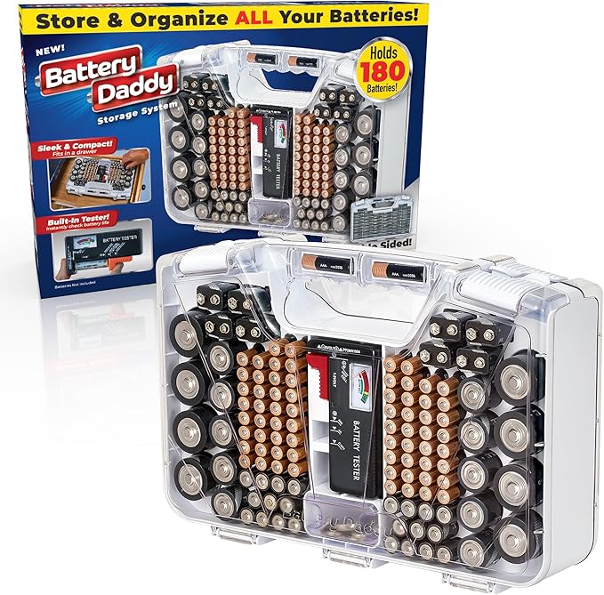 Ontel Battery Daddy Storage & Organizer Case with Tester, Stores & Protects Up to 180 Batteries, Double-Sided, Durable Design with Clear Locking Lid, Secure Latches & Portable Carrying Handle - White