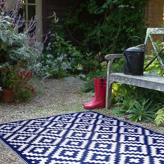FH Home Outdoor Rug - Waterproof, Fade Resistant, Reversible - Premium Recycled Plastic - Geometric - Large Patio, Deck, Sunroom, Camping, RV - Aztec - Blue & White Crease Free - 6 x 9 ft