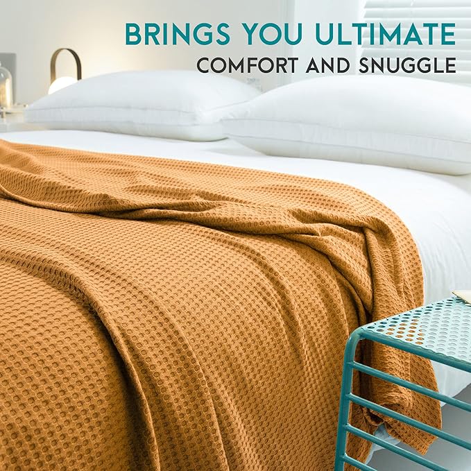 AmyHomie Cooling Waffle Blanket King Size, 100% Rayon Derived from Bamboo, Cool Summer Blanket for Hot Sleepers Soft Comfy Lightweight Blankets for All Seasons (Orange Yellow, 108×90in)