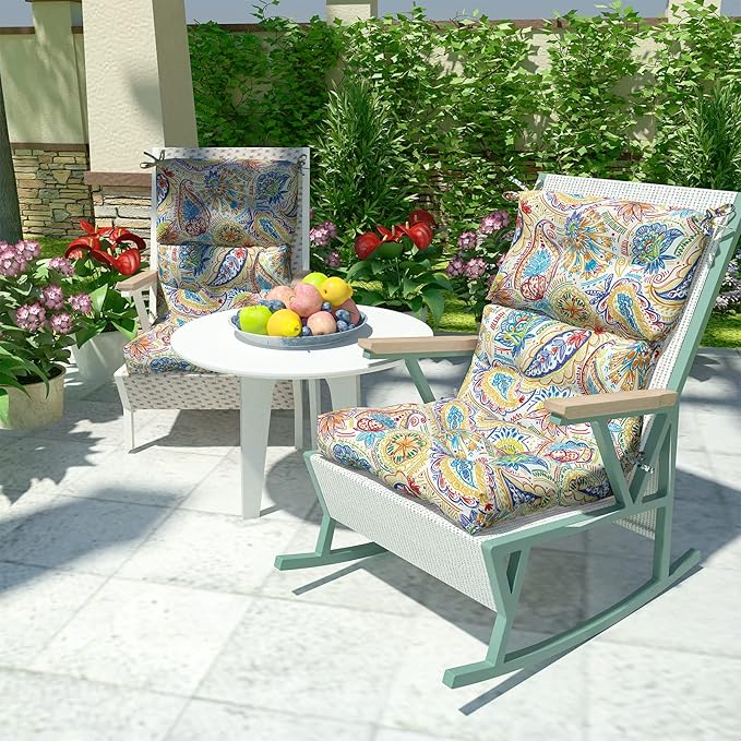 LVTXIII 2 Pack Outdoor/Indoor High Back Chair Cushions, Deep Seat Patio Seat and Back Cushion Set, Stuffed High Rebound Foam Rocking Chair Cushions, 44”x22”x4”, Paisley Chili