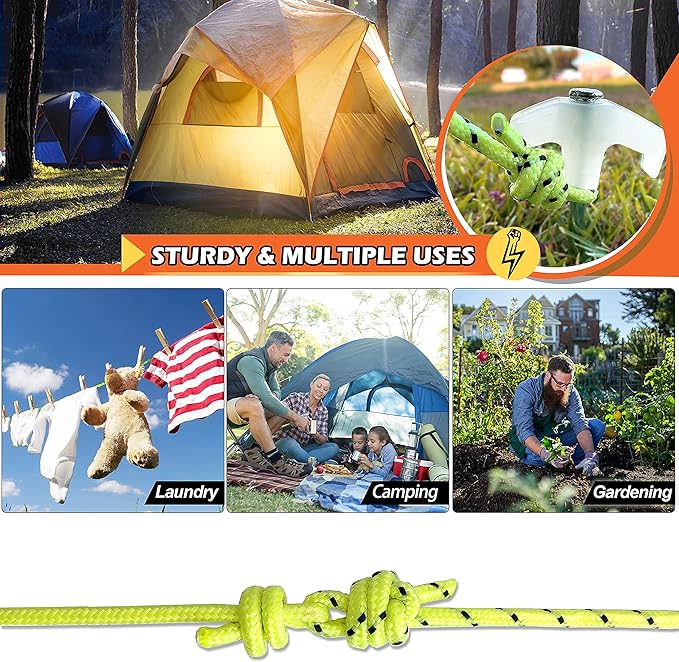 Wellmax 10PC Tent Stakes Heavy Duty with 2 Pack Glow in Dark Polypropylene Rope 3/16" x50ft and 1/4" x50ft