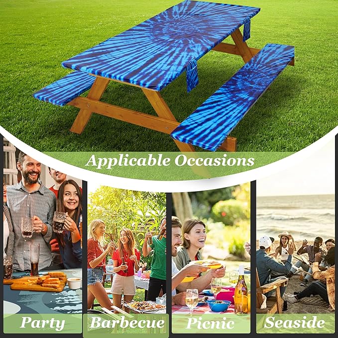 Fitted Picnic Table Cover with Bench Covers Vinyl Waterproof Elastic Edges Fitted Rectangle Tables Patio Tablecloth Camping Gear and Essentials Rv Accessories Road Trip Supplies Car Travel Must Haves
