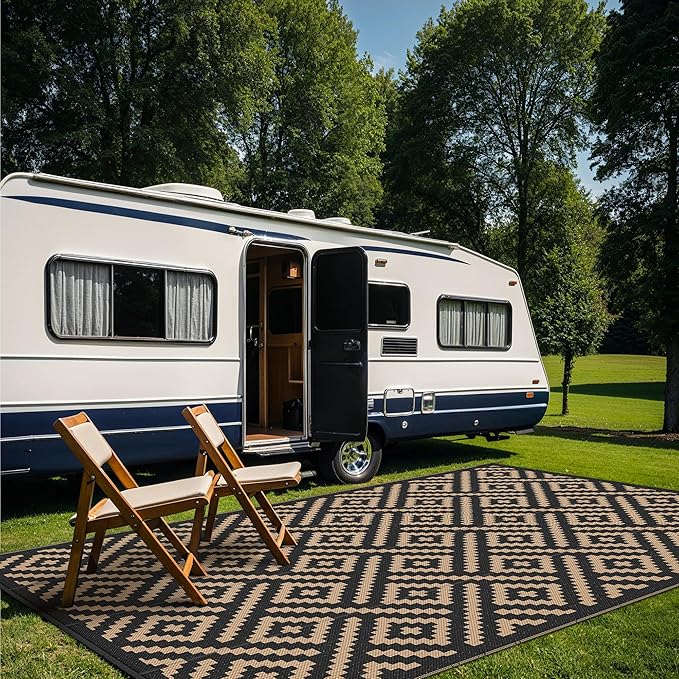 GENIMO Outdoor Rug for Patio Clearance, 9'x18' Waterproof Camping Mat, Reversible Plastic Straw Rugs for RV, Camper, Balcony, Backyard, Picnic, Deck (Black & Brown)