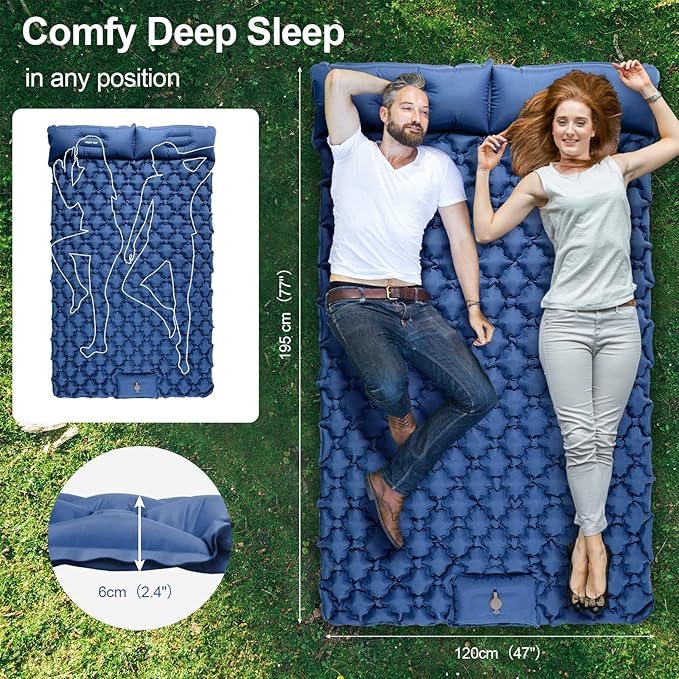 Night Cat Inflatable Double Sleeping Pad Mat Bed with Foot Pump and Double Pillow for Camping Backpacking Hiking Ultra-Light Compact Comfortable 77"x 47"
