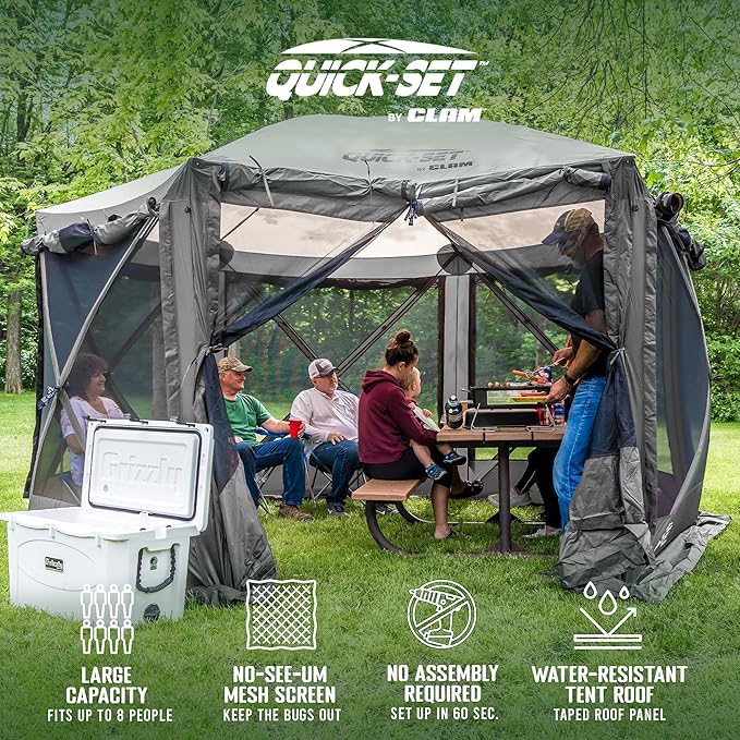 CLAM Pop Up Screen Tent, Outdoor Camping Gazebo Canopy, Pavilion, 12.5', Gray - Heavy-Duty Portable Screened Shelter with Netting for Beach, Patio, and Backyard