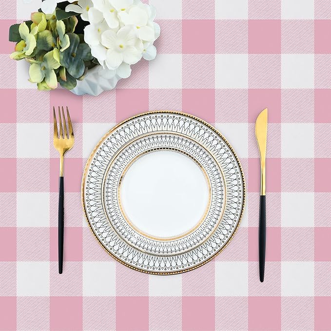 misaya Rectangle Waterproof Vinyl Table Cloth, Buffalo Flannel Backed Tablecloth, Wipeable Plastic Table Cover for Dinner, Kitchen, Outdoor (52" x 70", Pink and White)