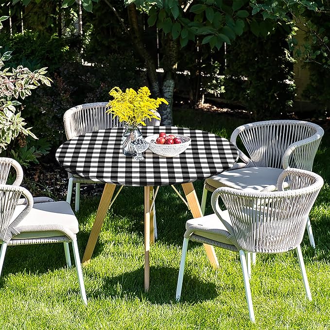 Fitable 2 Pack Vinyl Fitted Tablecloth Round, Black and White - Waterproof Checkered Elastic Tablecloth Flannel Backed Gingham Table Cover for Outdoor Picnic Dining (Fit for 36"-44" Round Tables)