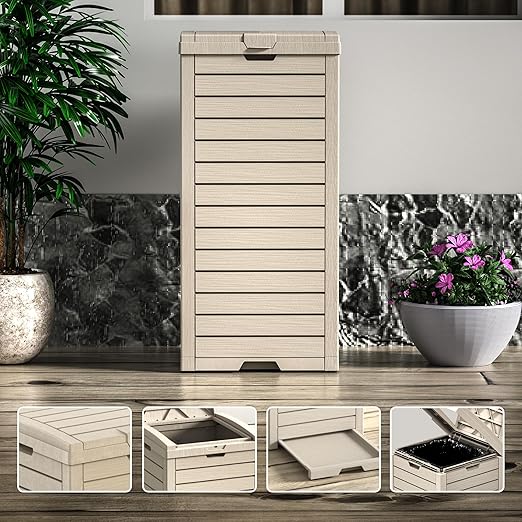 Vixzen 38Gallon Outdoor Trash Can with Lid,Waterproof Resin Waste Bin,Lightweight,Large Sturdy Garbage Bin for Patio,Kitchen,Backyard,Light Brown