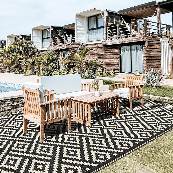 GENIMO Outdoor Rug for Patio Clearance, 9'x18' Waterproof Camping Mat, Reversible Plastic Straw Rugs for RV, Camper, Balcony, Backyard, Picnic, Deck (Black & Beige)