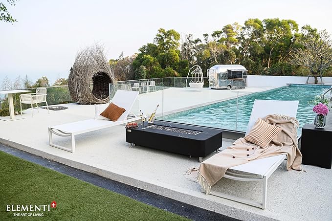 Elementi+ | Valencia Gas Fire Pit | Cast Concrete Body & Marble Porcelain Top | 62" Rectangular Fire Table | Electronic Ignition | Canvas Cover, Fire Glass & Burner Lid Included | Black | Propane Gas