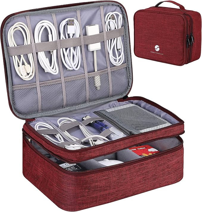 ORIENT FAMULAY Travel Electronics Organizer, Waterproof Cable Organizer Bag for Electronic Accessories Double Layer Large Shockproof Cable Storage Bag for Cord, Power Bank, Tablet(Up to iPad 11 inch) - Wine Red