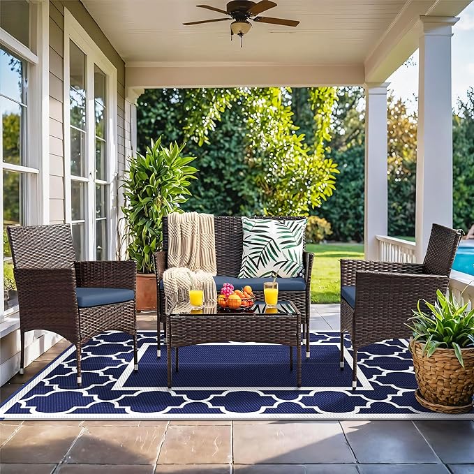 GENIMO 9' x 12' Outdoor Rug Waterproof for Patio Decor, Foldable Reversible Plastic Straw Area Rugs Mat for Camper, Outside Carpet for Rv, Deck, Porch, Picnic, Beach, Balcony, Blue & White