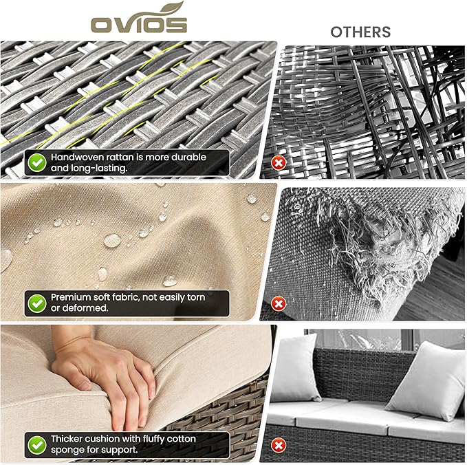 ovios 7 Pieces Patio Furniture Set, Outdoor Wicker Sofas with 4 Chairs, Ottomans and Comfy Cushions, All Weather High Back Couch Set for Deck Porch, Brown Rattan, Beige