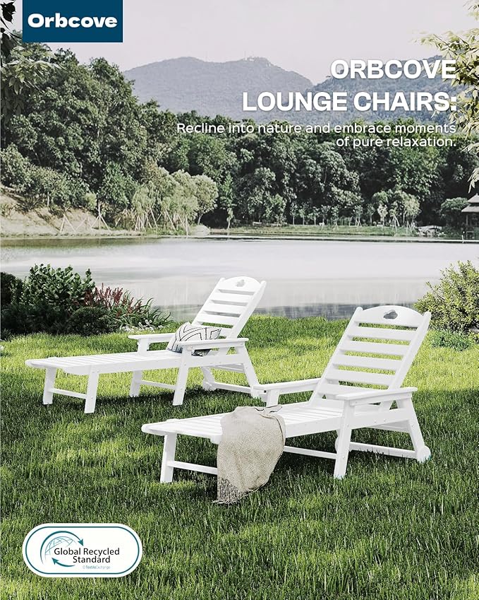 Outdoor Lounge Chair with Cup Holder, Outdoor Chaise Lounge with 6-Position Adjustable Backrest, HDPE Lounge Chair for Poolside, Patio, Deck & Backyard, Chaise Lounge with Wheels (White, 1)