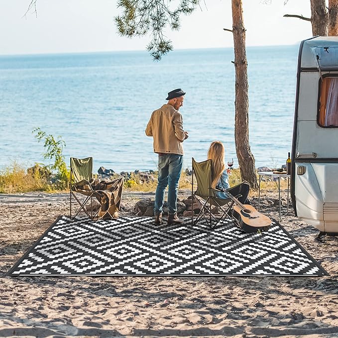 GENIMO 5x8 Outdoor Rug Waterproof, Reversible Mats, Outdoor Area Rug, Plastic Outside Carpet, Geometric Rv Mat for Patio Camping Rv Picnic Backyard Deck Balcony Porch Beach Trailer (Black & White)