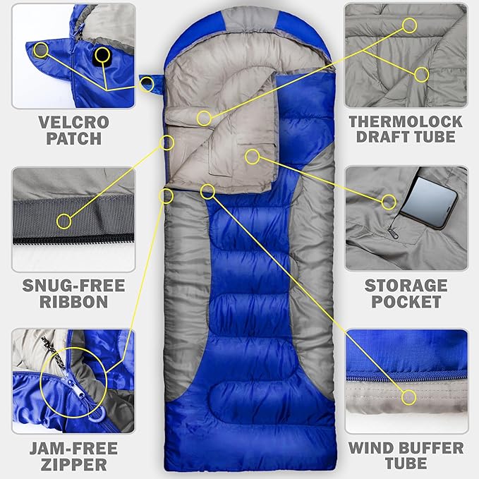 5°F Cold Weather Sleeping Bags for Adults Camping | Big and Tall Winter Sleeping Bag w. Compression Sack for Backpacking, Hiking | Waterproof, Portable | Camouflage