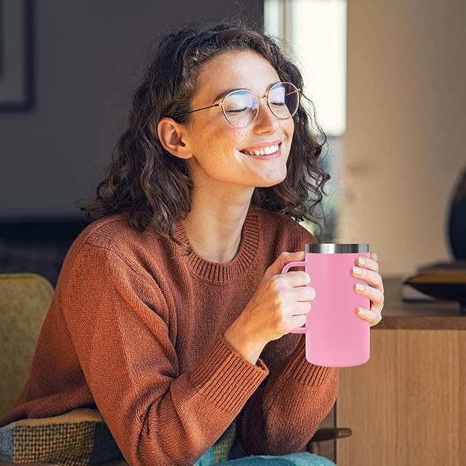 DOMICARE 24oz Mug with Handle and Lid, Stainless Steel Coffee Mug, Travel Mug with Handle, Double Wall Vacuum Coffee Tumbler, Reusable Insulated Cup, Pink, Pack 4