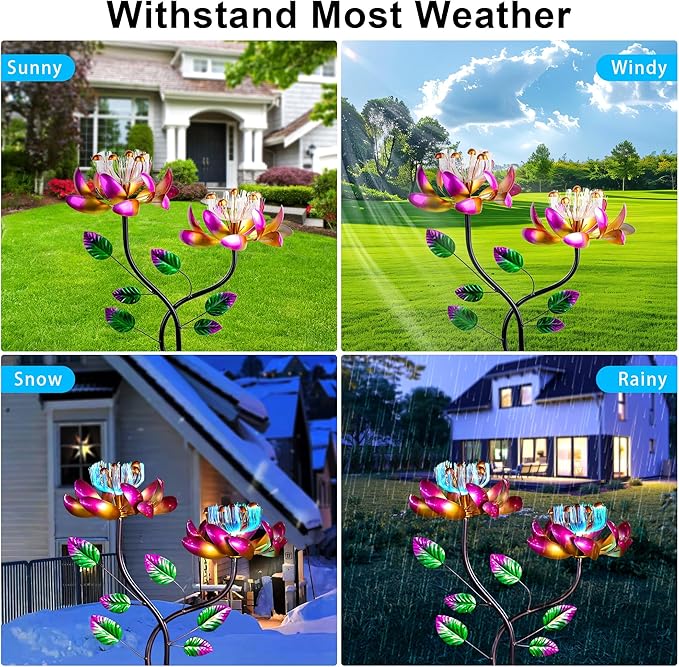 55'' Solar Powered Kinetic Wind Spinner Sculpture Pink Lotus Metal Stake Spinner for Patio, Lawn and Garden Decor Weather-Resistant Outdoor Art with Dual Lotus Design