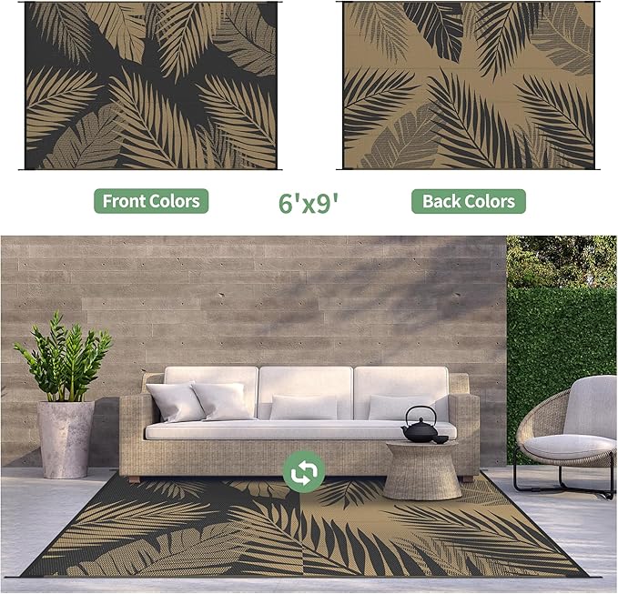 GENIMO Outdoor Rug 6' x 9' Waterproof for Patios Clearance, Reversible Outdoor Plastic Straw Camping Rug Carpet, Large Area Rugs Mats for RV, Camper, Deck, Balcony, Porch, Beach, Picnic, Black&Brown