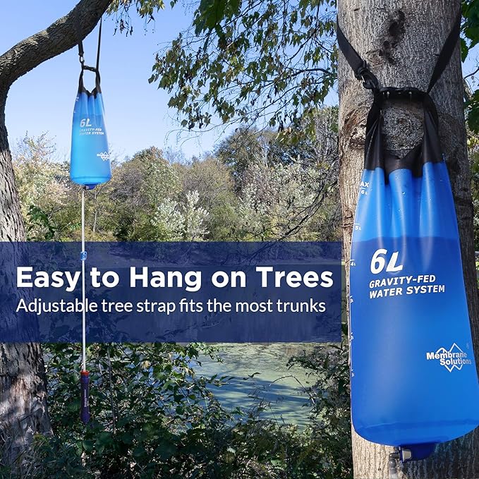 Membrane Solutions Gravity Water Filter Pro 6L, NSF/ANSI 42&372&401 Certified, 0.1 μm Versatile Water Purifier Camping with Adjustable Tree Strap Storage Bag, Survival Gear for Emergency Preparedness