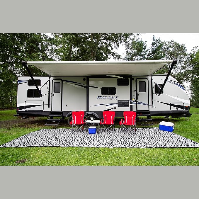 8x20 Black & Gray RV Mat with Carry Bag – Extra Thick 5mm Recycled Poly Rug – Heavy-Duty, Waterproof, Reversible – Premium Outdoor Rug for Camping, Patio, Beach (8' x 20', Black)